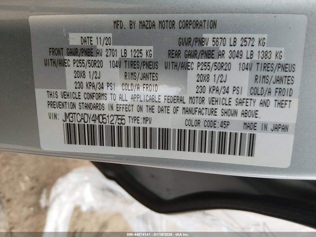 Продажа на аукционе авто 2021 Mazda Cx-9 Grand Touring, vin: JM3TCADY4M0512755, номер лота: 44074141