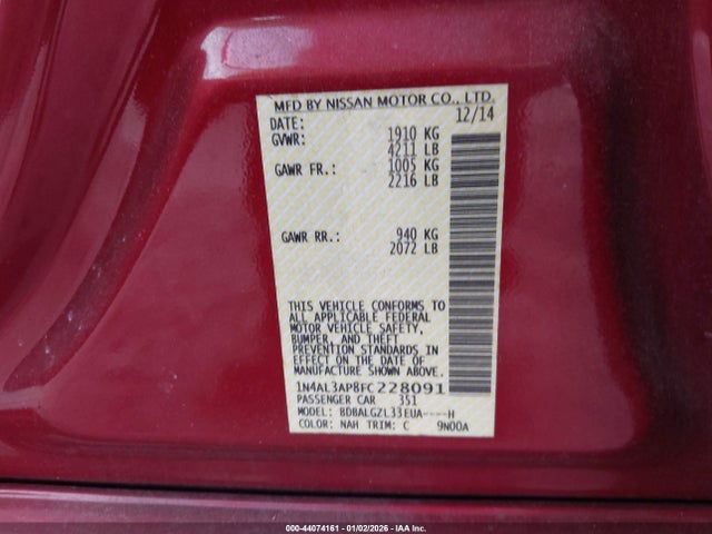 Nissan Altima 2.5 S 2015 1N4AL3AP8FC228091 Image 9