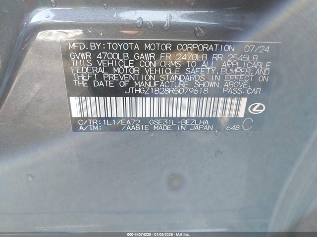 2024 Lexus Is 350 F Sport მანქანა იყიდება აუქციონზე, vin: JTHGZ1B28R5079618, აუქციონის ნომერი: 44074228