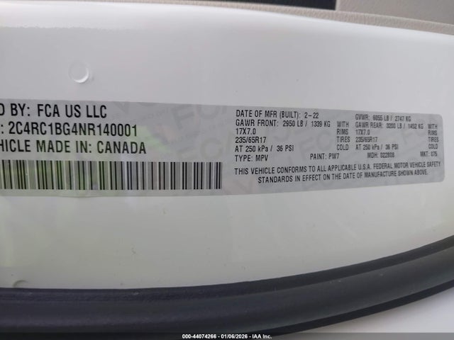 44074266 :رقم المزاد ، 2C4RC1BG4NR140001 vin ، 2022 Chrysler Pacifica Touring L مزاد بيع