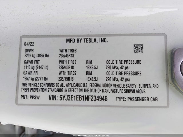 2022 TESLA MODEL 3 5YJ3E1EB1NF234946 Photo 8