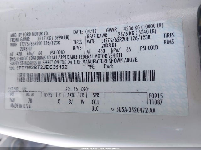 1FT7W2BT2JEC35102 Ford F-250 Platinum