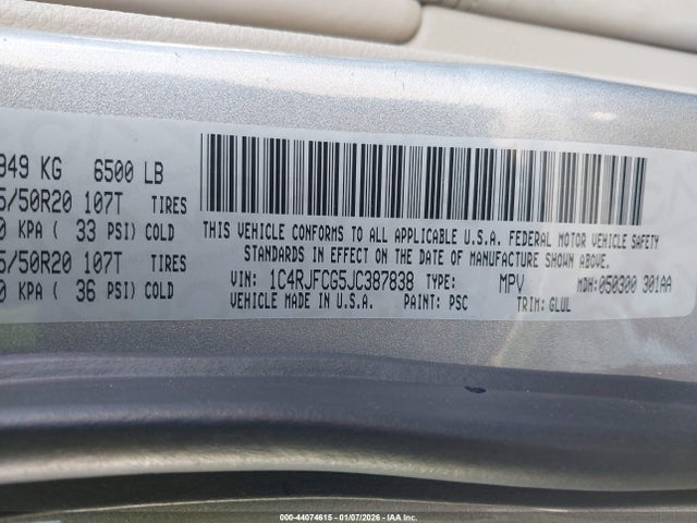 Продаж на аукціоні авто 2018 Jeep Grand Cherokee Overland 4x4, vin: 1C4RJFCG5JC387838, номер лоту: 44074615