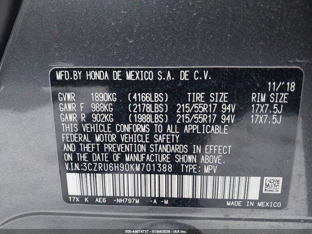 3CZRU6H90KM701388 Honda Hr-v Touring