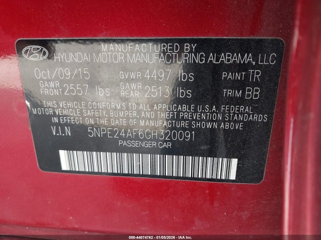 Aukcja sprzedaży 2016 Hyundai Sonata Se, vin: 5NPE24AF6GH320091, numer aukcji: 44074762