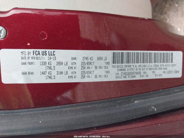 44074876 :رقم المزاد ، 2C4RDGBG5KR794095 vin ، 2019 Dodge Grand Caravan Se مزاد بيع