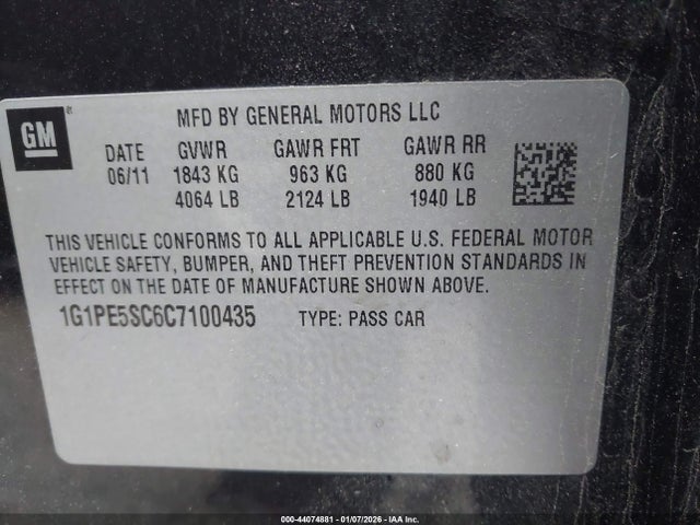 Aukcja sprzedaży 2012 Chevrolet Cruze Lt, vin: 1G1PE5SC6C7100435, numer aukcji: 44074881