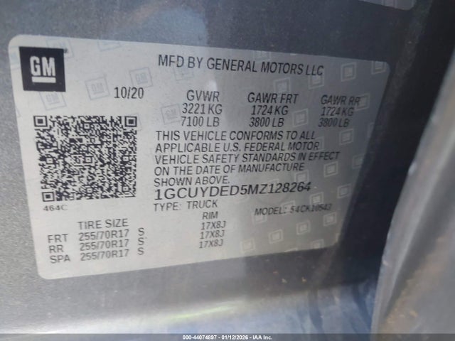 Aukcja sprzedaży 2021 Chevrolet Silverado 1500 4wd  Short Bed Lt, vin: 1GCUYDED5MZ128264, numer aukcji: 44074897