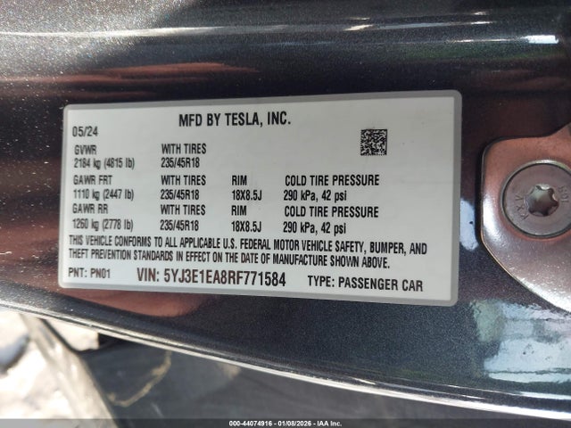Aukcja sprzedaży 2024 Tesla Model 3 Long Range Dual Motor All-wheel Drive/rear-wheel Drive, vin: 5YJ3E1EA8RF771584, numer aukcji: 44074916
