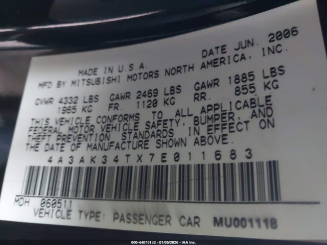 Продаж на аукціоні авто 2007 Mitsubishi Eclipse Gt, vin: 4A3AK34TX7E011683, номер лоту: 44075182