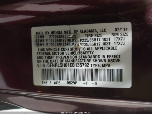 2014 HONDA ODYSSEY 5FNRL5H61EB135792 Photo 8