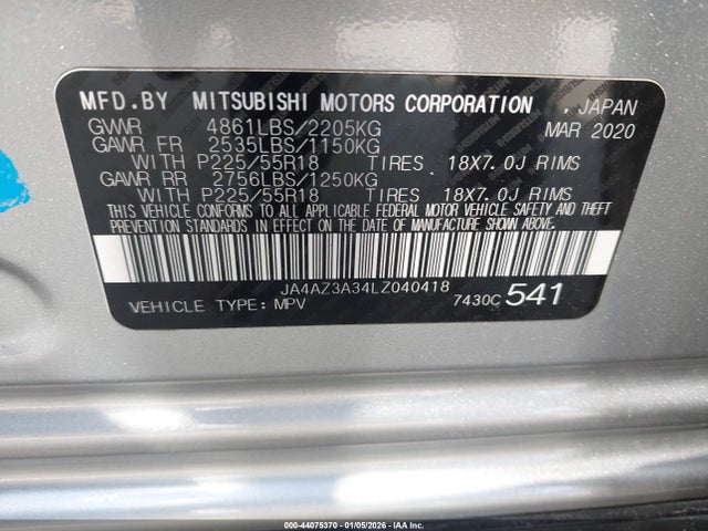 Aukcja sprzedaży 2020 Mitsubishi Outlander Es 2.4 S-awc/le 2.4 S-awc/se 2.4 S-awc/sel 2.4 S-awc/sp 2.4 S-awc, vin: JA4AZ3A34LZ040418, numer aukcji: 44075370
