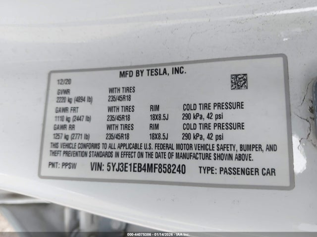 2021 TESLA MODEL 3 5YJ3E1EB4MF858240 Photo 8