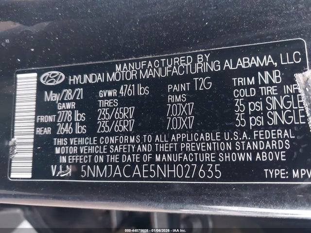 2022 Hyundai Tucson Se მანქანა იყიდება აუქციონზე, vin: 5NMJACAE5NH027635, აუქციონის ნომერი: 44075608