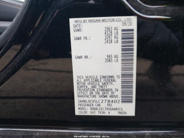 Продаж на аукціоні авто 2020 Nissan Altima Sr Fwd, vin: 1N4BL4CV5LC278402, номер лоту: 44075655