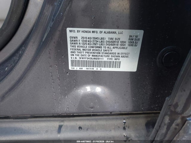 Honda Pilot Ex 2018 5FNYF5H38JB020111 Image 9