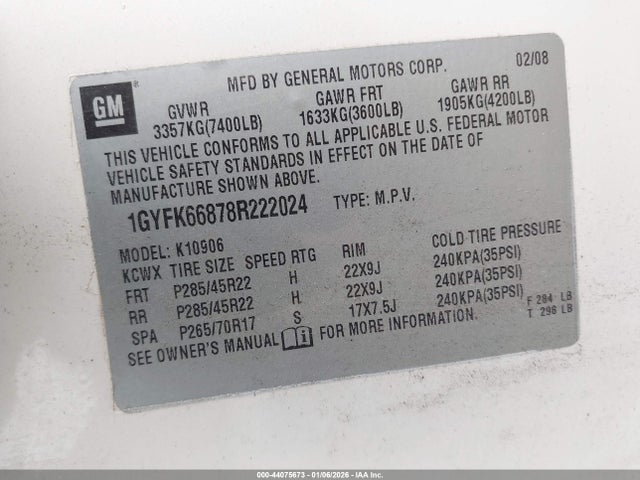 2008 CADILLAC ESCALADE ESV 1GYFK66878R222024 Photo 8