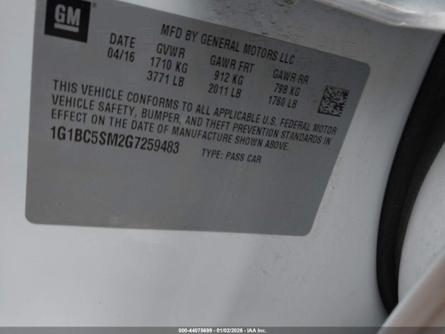 Aukcja sprzedaży 2016 Chevrolet Cruze Ls Auto, vin: 1G1BC5SM2G7259483, numer aukcji: 44075699