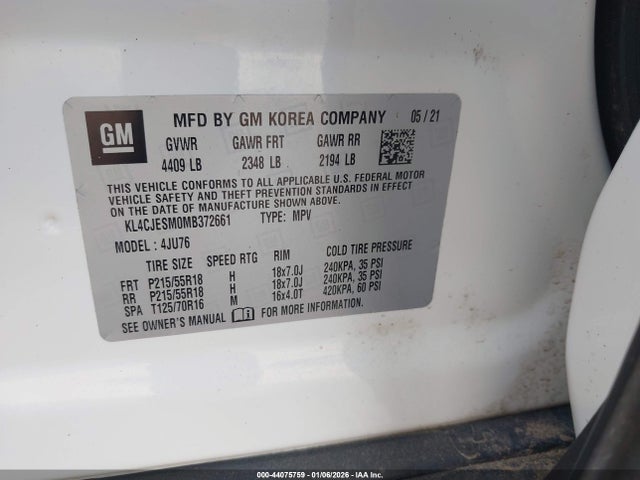 44075759 :رقم المزاد ، KL4CJESM0MB372661 vin ، 2021 Buick Encore Awd Preferred مزاد بيع