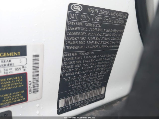 44075825 :رقم المزاد ، SALWR2VF4FA621424 vin ، 2015 Land Rover Range Rover Sport 3.0l V6 Supercharged Hse مزاد بيع