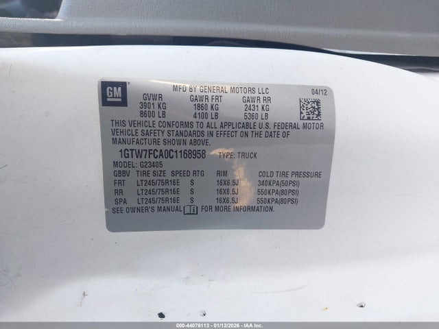 Aukcja sprzedaży 2012 Gmc Savana 2500 Work Van, vin: 1GTW7FCA0C1168958, numer aukcji: 44076113