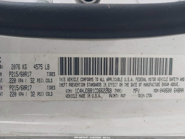 2012 Jeep Compass Sport მანქანა იყიდება აუქციონზე, vin: 1C4NJDBB1CD662269, აუქციონის ნომერი: 44076147