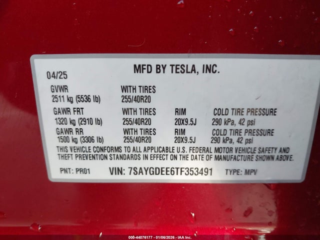44076177 :رقم المزاد ، 7SAYGDEE6TF353491 vin ، 2026 Tesla Model Y مزاد بيع