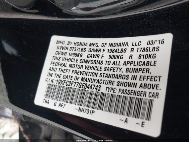 2016 HONDA CIVIC 19XFC2F77GE044743 Photo 8