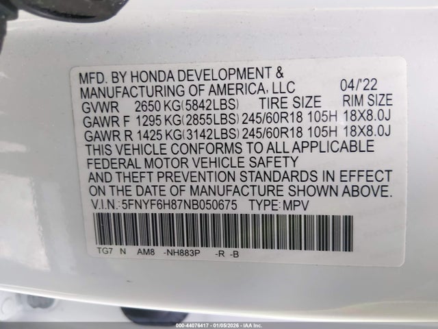 44076417 :رقم المزاد ، 5FNYF6H87NB050675 vin ، 2022 Honda Pilot Awd Trailsport مزاد بيع