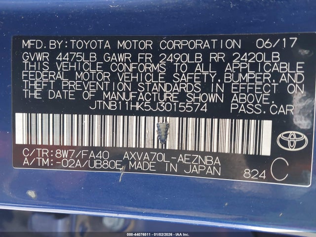 44076511 :رقم المزاد ، JTNB11HK5J3015574 vin ، 2018 Toyota Camry Le مزاد بيع