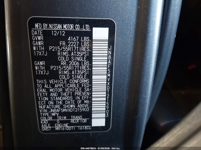 44076634 :رقم المزاد ، JN8AF5MVXDT215903 vin ، 2013 Nissan Juke Sl مزاد بيع