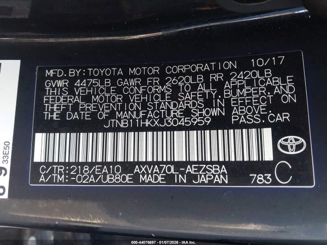 Aukcja sprzedaży 2018 Toyota Camry Se, vin: JTNB11HKXJ3045959, numer aukcji: 44076697