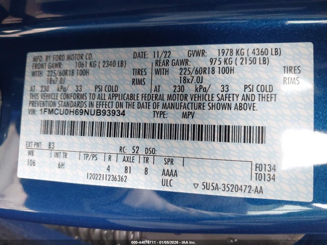 1FMCU0H69NUB93934 Ford ESCAPE SEL