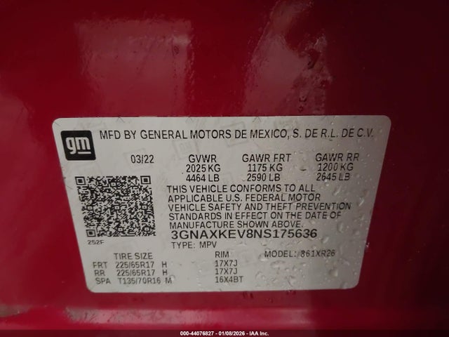 Продажа на аукционе авто 2022 Chevrolet Equinox Fwd Lt, vin: 3GNAXKEV8NS175636, номер лота: 44076827