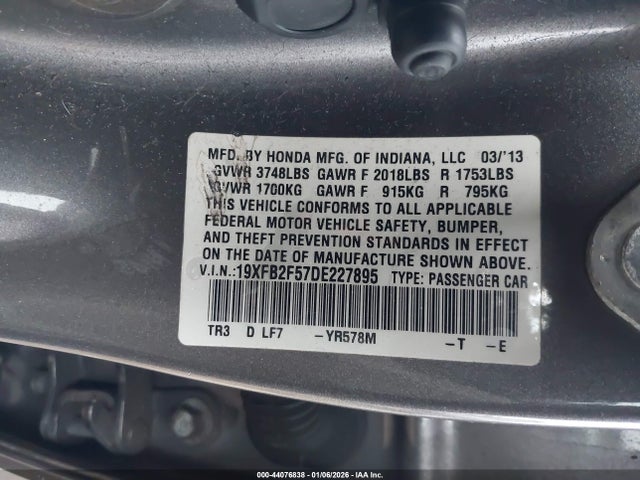 2013 Honda Civic Lx მანქანა იყიდება აუქციონზე, vin: 19XFB2F57DE227895, აუქციონის ნომერი: 44076838