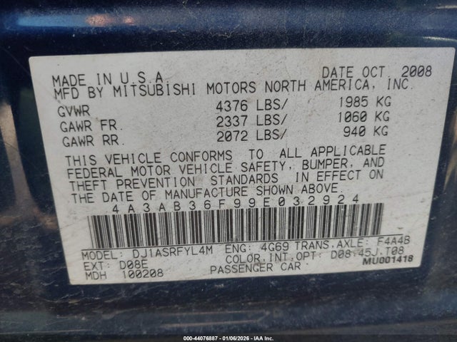 2009 MITSUBISHI GALANT 4A3AB36F99E032924 Photo 8