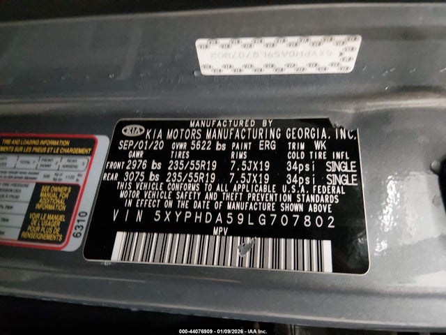 2020 Kia Sorento 3.3l Ex მანქანა იყიდება აუქციონზე, vin: 5XYPHDA59LG707802, აუქციონის ნომერი: 44076909