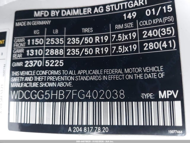 WDCGG5HB7FG402038 Mercedes-Benz GLK 350