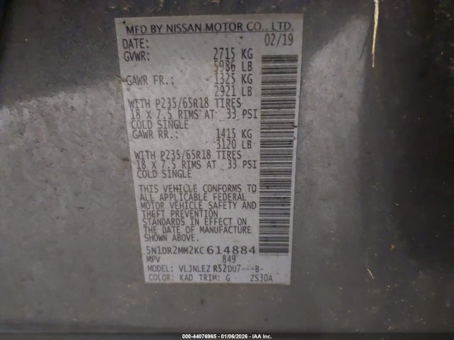 Nissan Pathfinder Sv 2019 5N1DR2MM2KC614884 Image 9