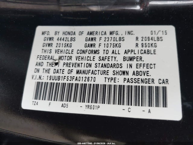 2015 Acura Tlx Tech მანქანა იყიდება აუქციონზე, vin: 19UUB1F53FA012670, აუქციონის ნომერი: 44077040