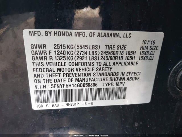 5FNYF5H14GB056806 Honda PILOT LX