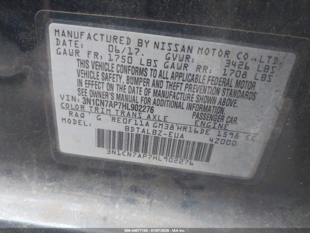 Aukcja sprzedaży 2017 Nissan Versa 1.6 Sv, vin: 3N1CN7AP7HL902276, numer aukcji: 44077143
