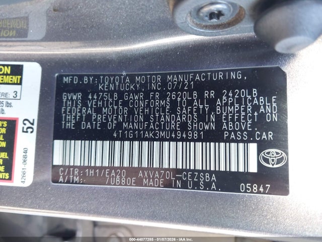 2021 Toyota Camry Se მანქანა იყიდება აუქციონზე, vin: 4T1G11AK3MU494981, აუქციონის ნომერი: 44077285