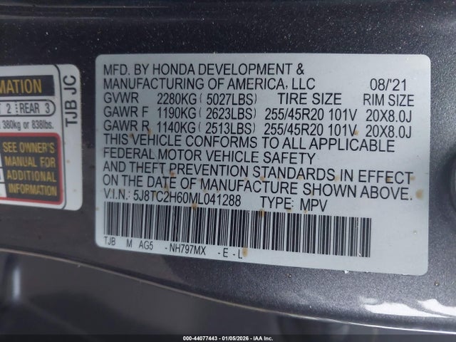 44077443 :رقم المزاد ، 5J8TC2H60ML041288 vin ، 2021 Acura Rdx A-spec Package مزاد بيع