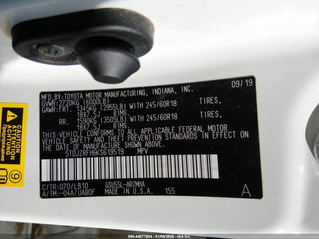 5TDJZRFH6KS619519 Toyota Highlander Xle