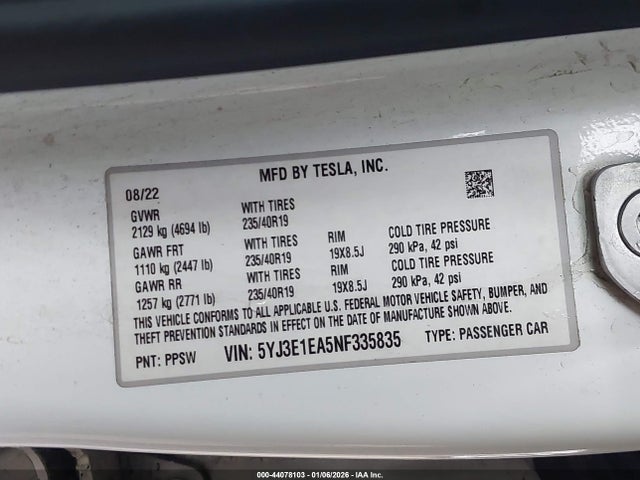 2022 TESLA MODEL 3 5YJ3E1EA5NF335835 Photo 8