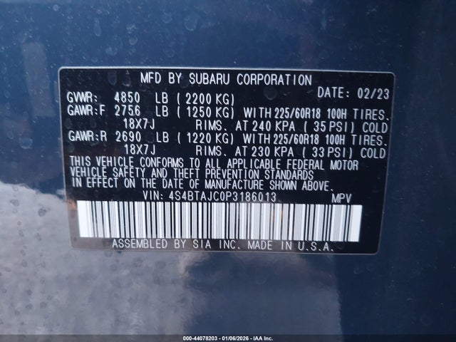 44078203 :رقم المزاد ، 4S4BTAJC0P3186013 vin ، 2023 Subaru Outback Onyx Edition مزاد بيع