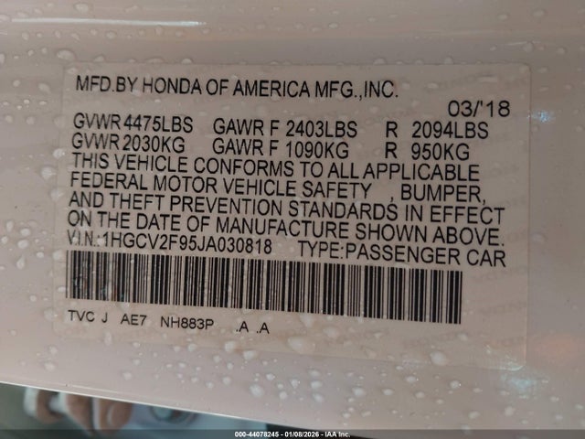 2018 Honda Accord Touring 2.0t მანქანა იყიდება აუქციონზე, vin: 1HGCV2F95JA030818, აუქციონის ნომერი: 44078245
