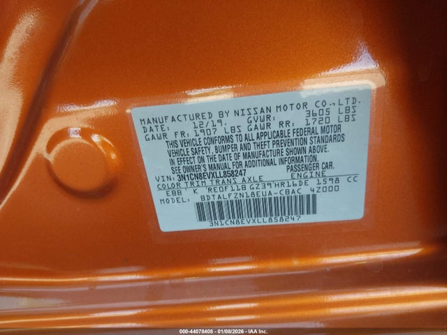3N1CN8EVXLL858247 Nissan Versa Sv Xtronic Cvt