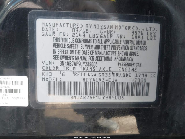 Aukcja sprzedaży 2018 Nissan Sentra Sr, vin: 3N1AB7AP9JY289005, numer aukcji: 44078431